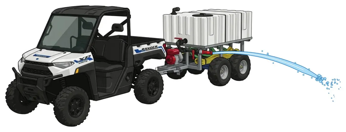 Illustration: UTV driving with the RAID Trailer spraying a wet line